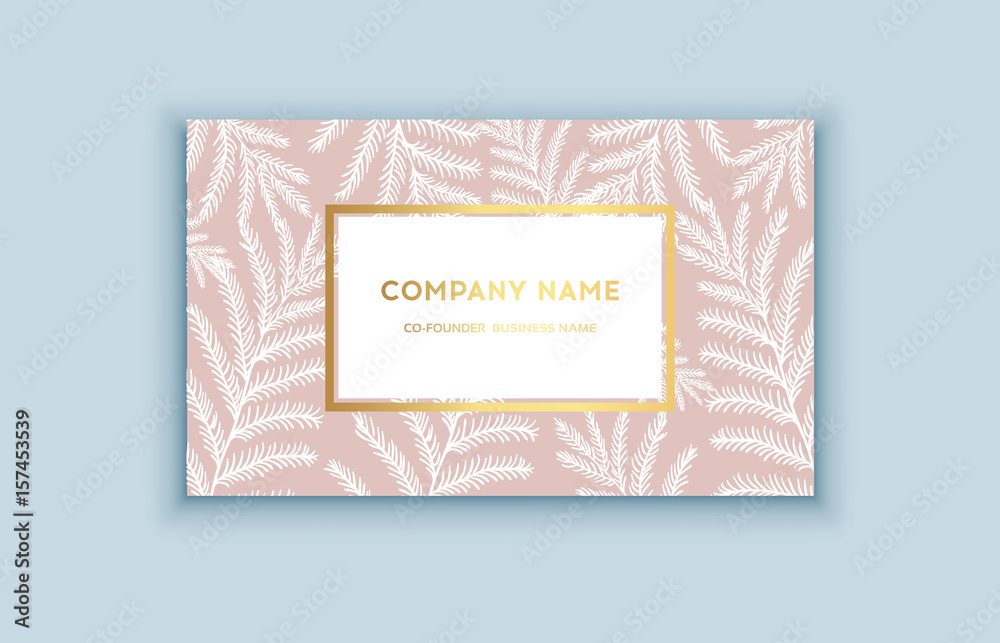 Vector tropical pink and gold business card. Exotic design for cosmetics, spa, perfume, health care products.
