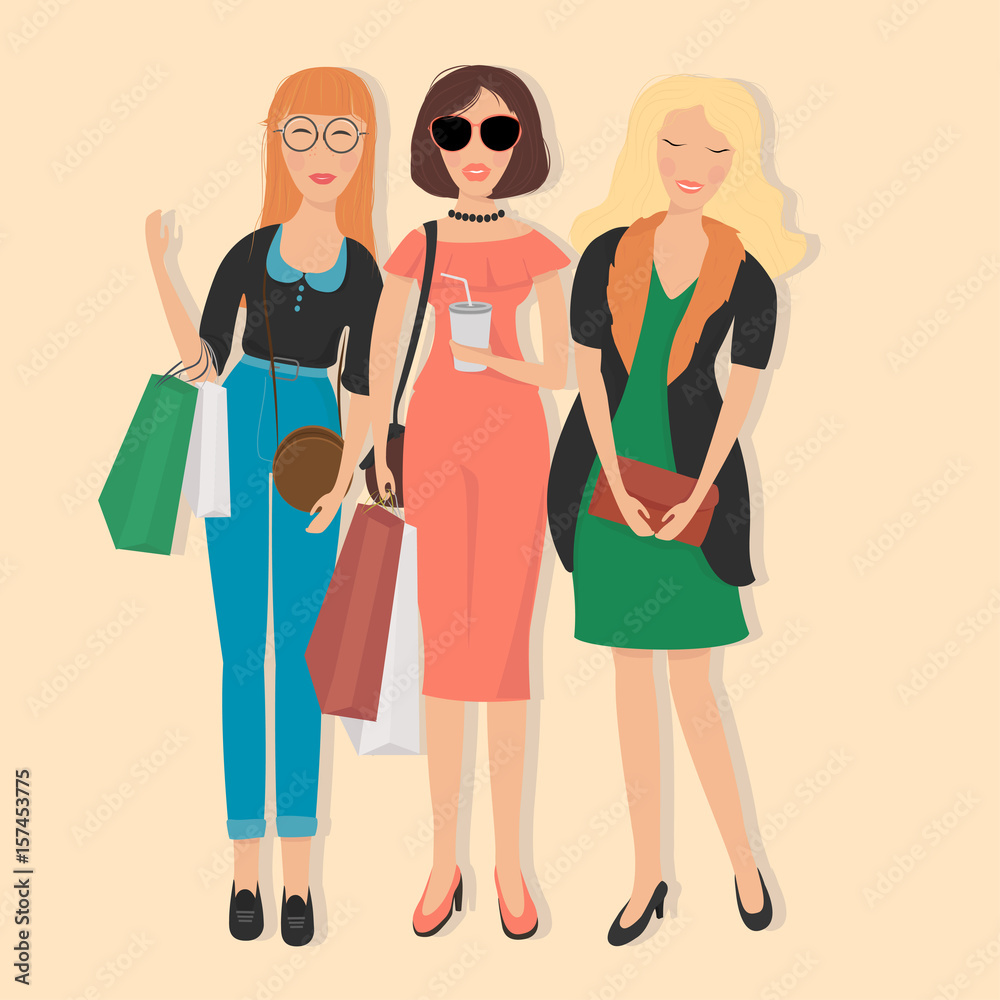 Beautiful woman in fashion clothes with shopping. Women with different personalities and styles. Flat style vector illustration Beautiful woman in fashion clothes with shopping. Women with different personalities and styles. Flat style vector illustration