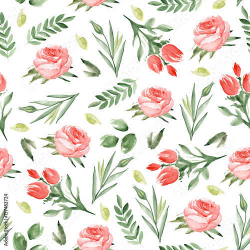 Seamless pattern with roses on a white background. Watercolor hand drawn