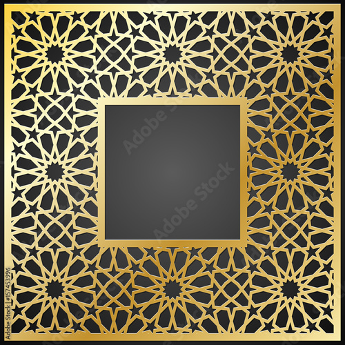 Golden frame in arabic style with empty space for text. Elegant islamic template design. Laser cut frame with muslim ornament. Vector illustration