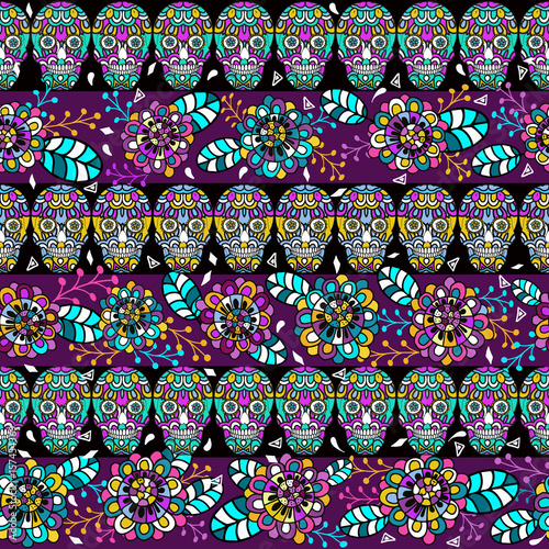 Seamless pattern, traditional elements. Colorful skulls with flowers and leaves. Boho strip © vectorjazz