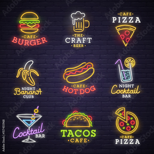 Food and drink neon sign. Neon sign, bright signboard, light banner