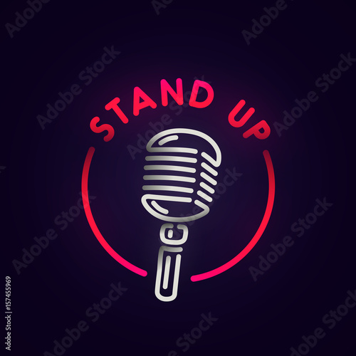 Stand Up neon sign, bright signboard, light banner. Burger logo, emblem