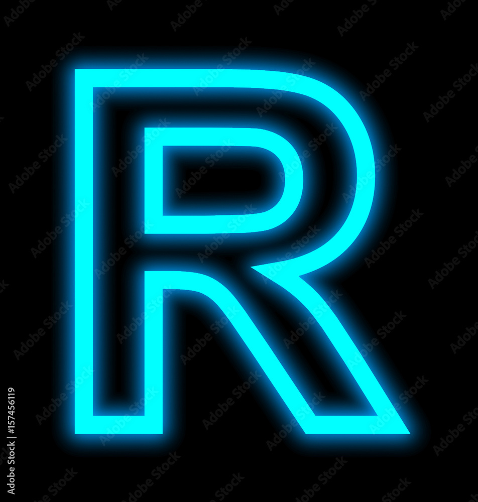 letter R neon lights outlined isolated on black