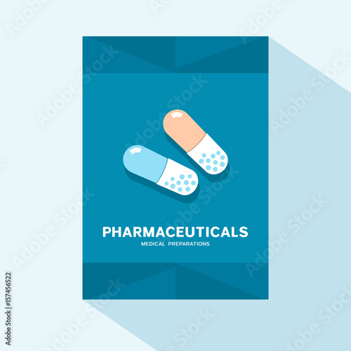 Flyer or brochure cover flat design with medical pills icon