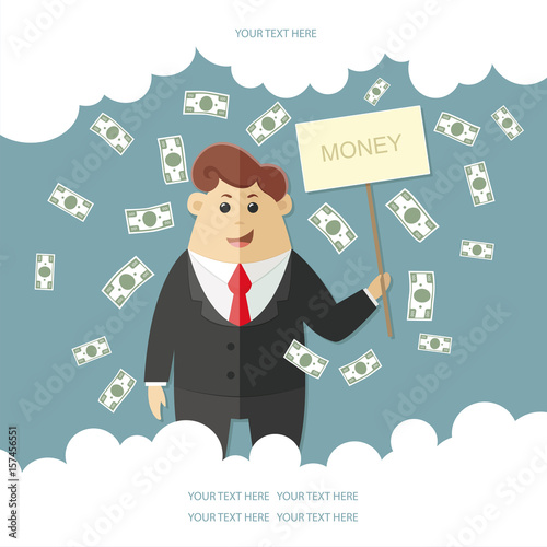 Man in a suit with a red tie getting a lot of money. boss, office worker, manager, banker,  businessman. Flat vector icon, illustration