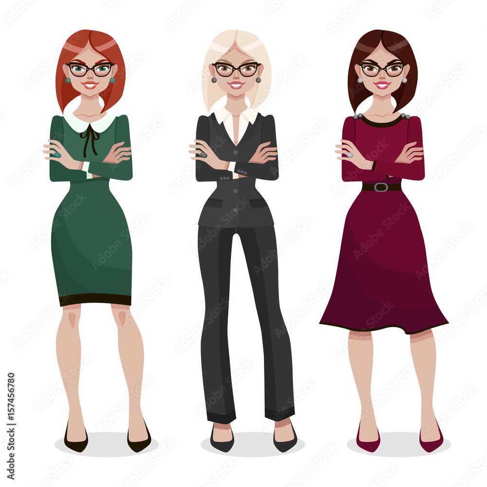Secretary in a formal wear. Businesswoman in elegant office clothes. Attractive assistant in glasses keeping arms crossed. Women's profession. Cartoon vector illustration. Secretary in a formal wear. Businesswoman in elegant office clothes. Attractive assistant in glasses keeping arms crossed. Women's profession. Cartoon vector illustration.