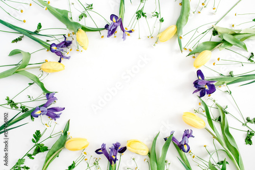 Fototapeta Naklejka Na Ścianę i Meble -  Round frame wreath with yellow tulips, purple iris and chamomile flowers on white background. Flat lay, top view. Floral background
