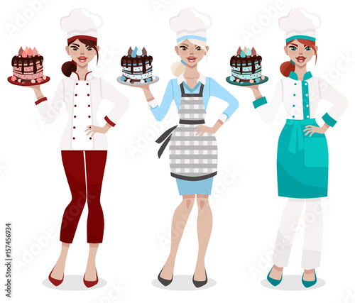 Set of three female chefs in different uniform isolated on white  background. Attractive young confectioner with sweet cake. Women's profession. Cartoon vector illustration.