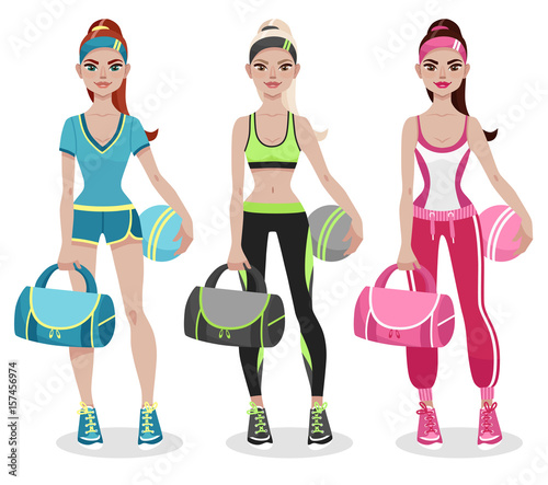 Attractive young woman in fitness sportswear, holding sports bag and ball in her arms. Fitness trainer in sportswear. Women's profession. Cartoon vector illustration.