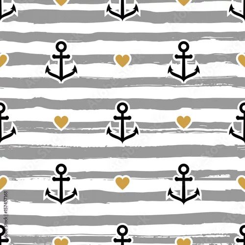 Tapety Paski wzór morski. Kotwice i serca