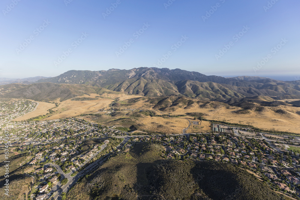 Aerial view of Newbury Park, Mt Boney and the Santa Monica Mountains National Recreation Area in Ventura County, California.