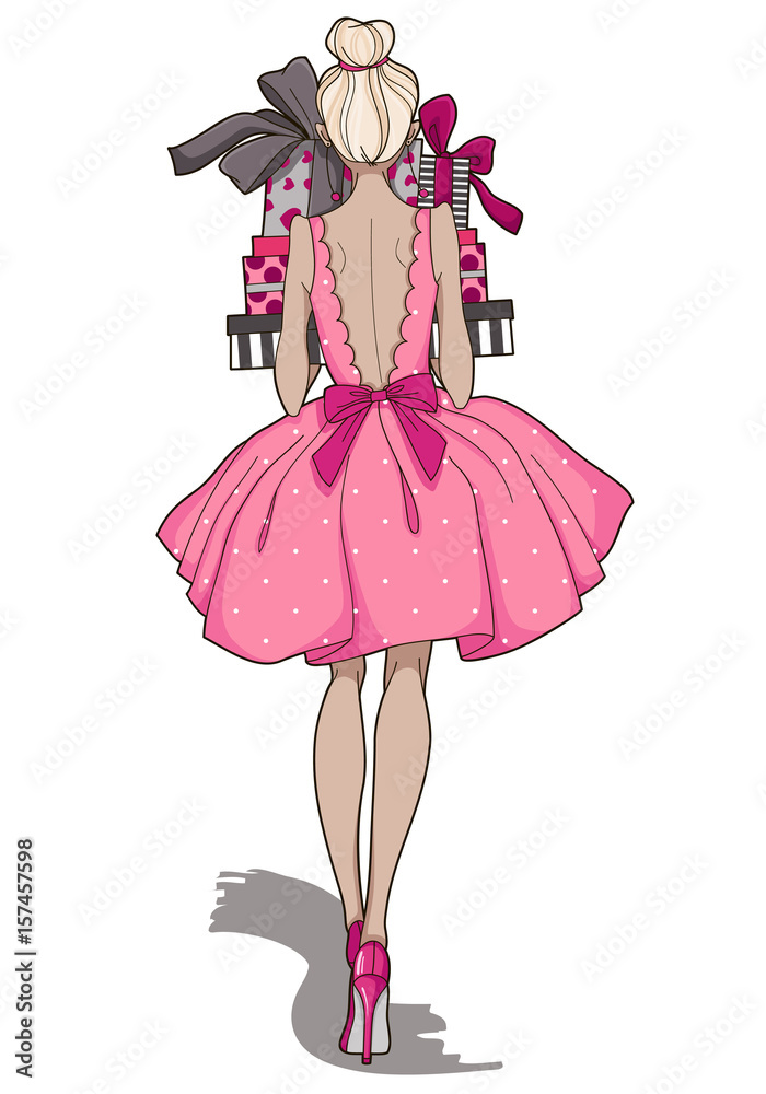 Fashion girl with colorful gift boxes in hands. Back view of beautiful girl in pink dress and high-heeled shoes. Happy Valentines Day card. Greeting card, poster, flyer, invitation. Vector. Fashion girl with colorful gift boxes in hands. Back view of beautiful girl in pink dress and high-heeled shoes. Happy Valentines Day card. Greeting card, poster, flyer, invitation. Vector.