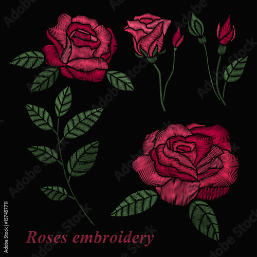 Roses embroidery set. Red flowers embroidery on black background. Vector illustration.