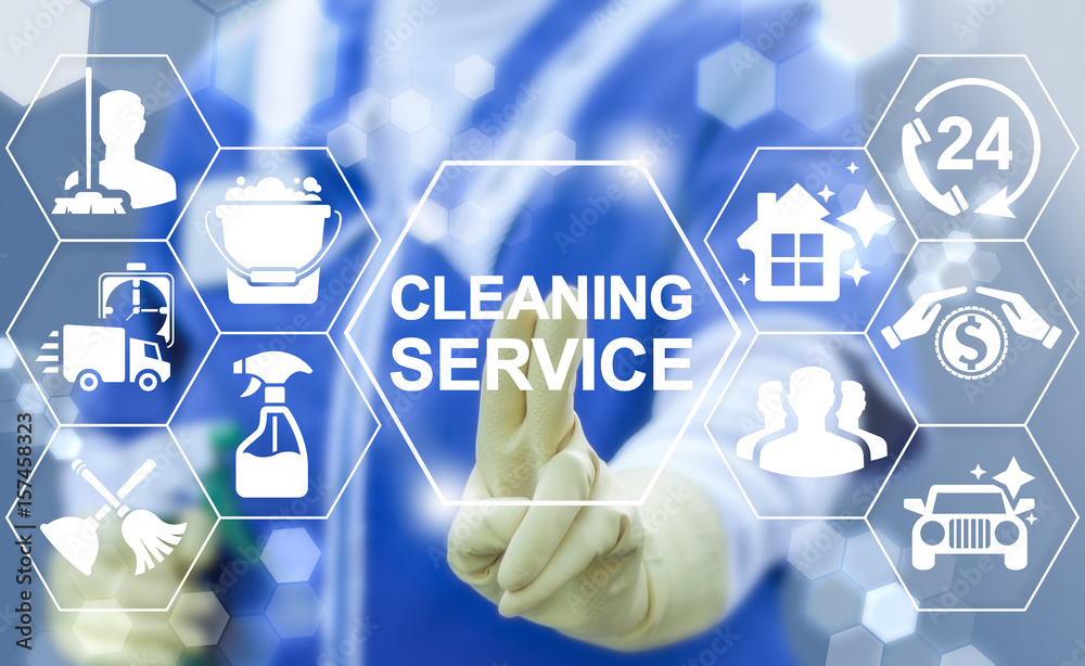 Cleaning Service. Clean Services Business Concept. Cleaner woman in uniform pressing cleaning service button on virtual screen. Professional cleanup of house, office and car. Cleaning Service. Clean Services Business Concept. Cleaner woman in uniform pressing cleaning service button on virtual screen. Professional cleanup of house, office and car.