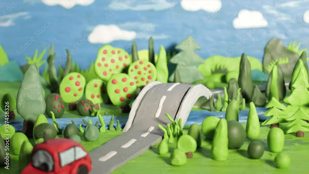 red car riding, river, trees, duck, clay, plasticine, animation, stop motion