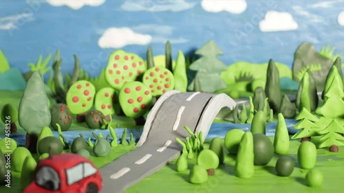 red car riding, river, trees, duck, clay, plasticine, animation, stop motion