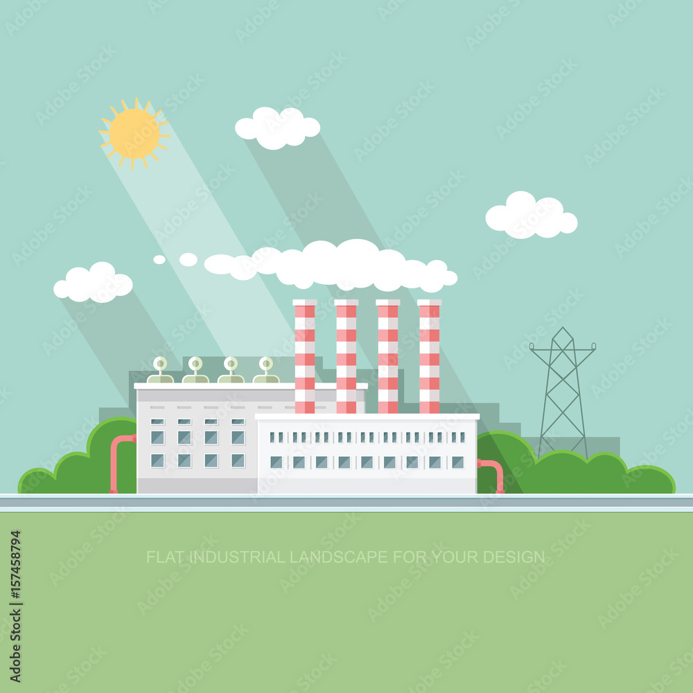 Flat waste incineration plant exterior with City in the background. Building, workers. recycling, nature care, alternative resource, incinerator concept. Vector background illustration