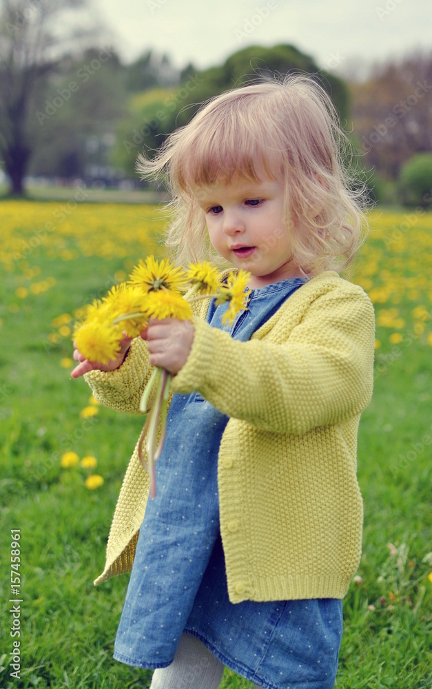Cute little girl walking in the park with dandelion flowers Cute little girl walking in the park with dandelion flowers