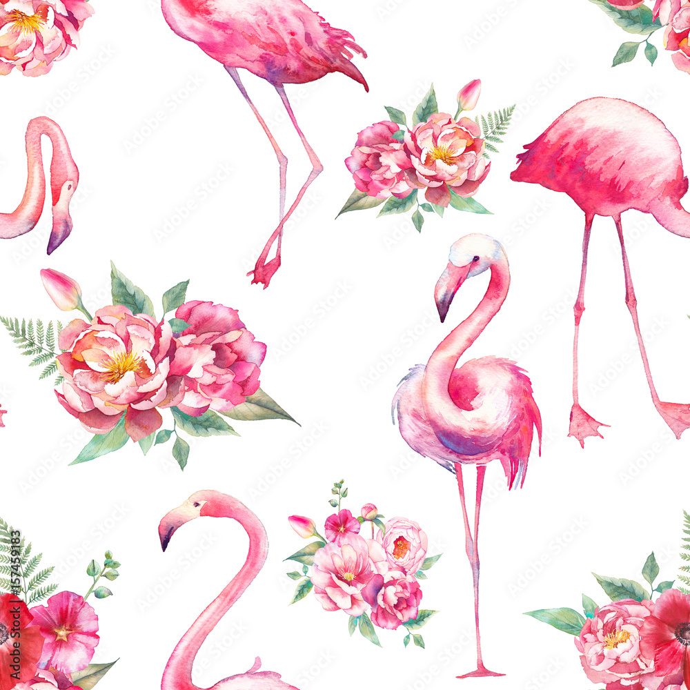 Fototapeta premium Watercolor flamingo and flowers seamless pattern. Hand painted floral texture with bright exotic birds on white background. Fashion wallpaper design