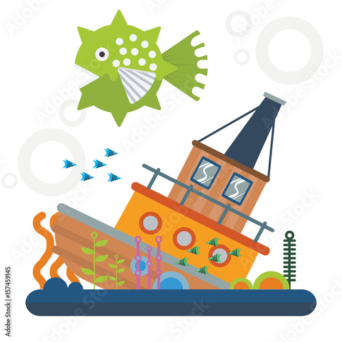 fish at sea with abandoned ship and coral decoration cartoon vector illustration