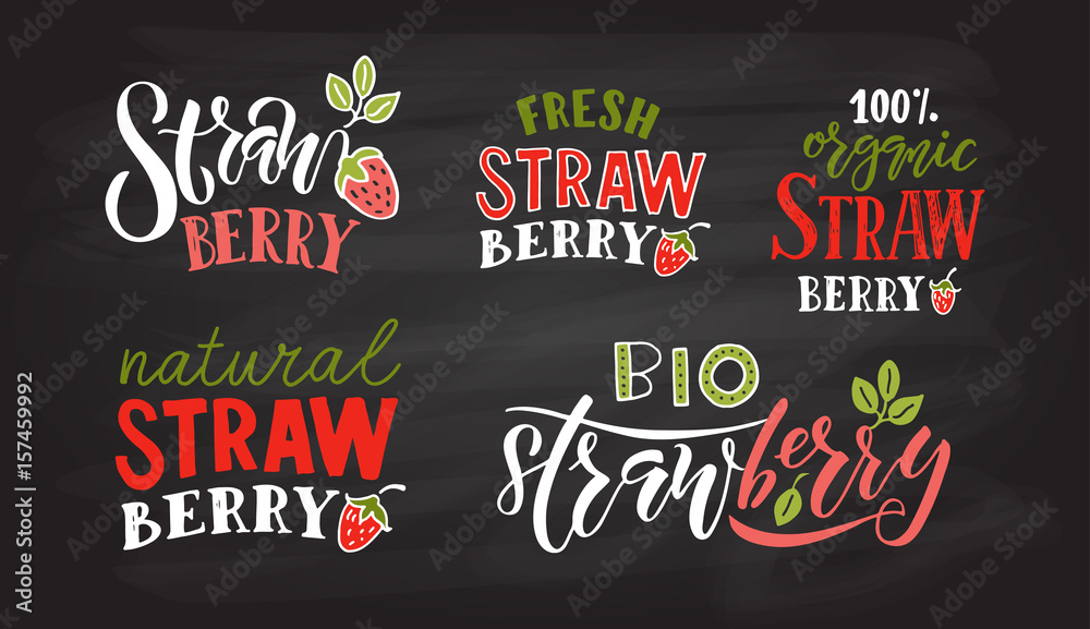 Hand sketched strawberry lettering typography. Concept for farmers market/organic food/natural product design/juice/pie/jam