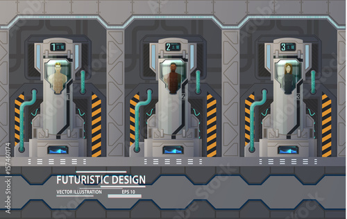 Humans, people at cryogenic capsules in spaceship