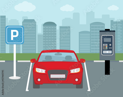 Parking place with one car and ticket machine . Flat style, vector illustration. 
