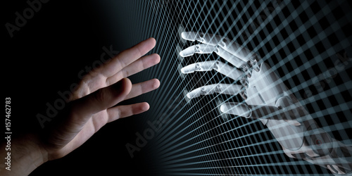 Hands of Robot and Human Touching Through Virtual Grid on Black Background. Virtual Reality or Artificial Intelligence Concept 3d Illustration