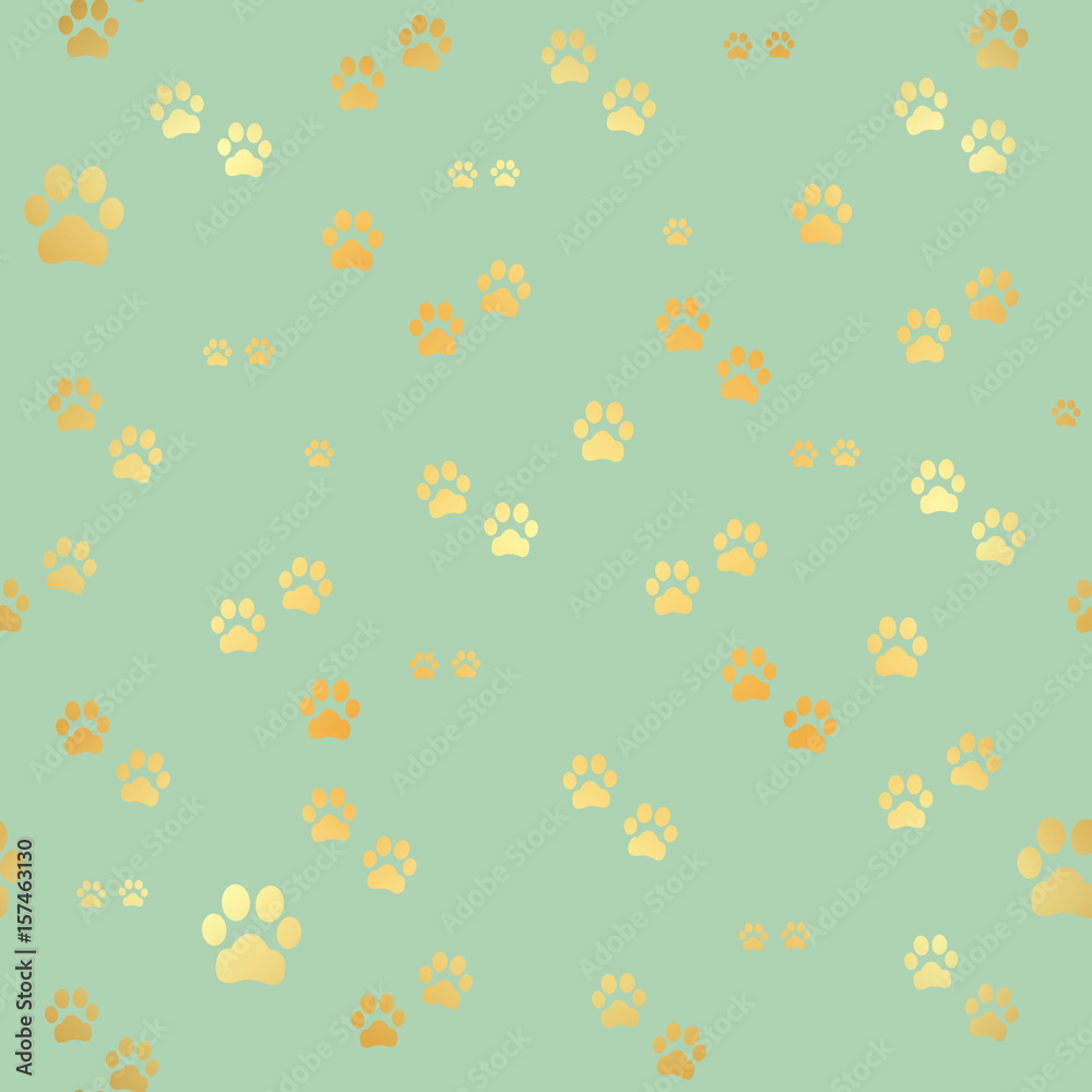 Dog Gold paw prints. Seamless pattern of animal gold footprints. Dog paw print seamless pattern