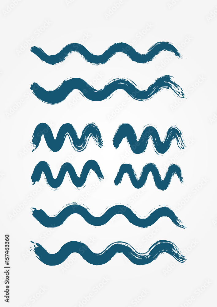 Blue wave icons drawn by hand with a rough brush. Set of eight isolated symbols. Sketch, grunge, paint, ink, graffiti, sketch. Blue wave icons drawn by hand with a rough brush. Set of eight isolated symbols. Sketch, grunge, paint, ink, graffiti, sketch.
