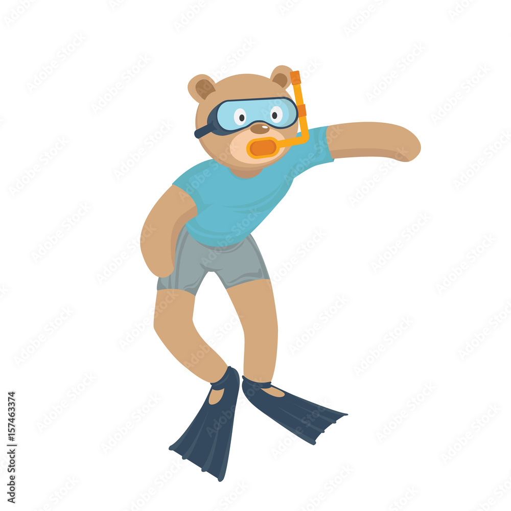 a bear snorkeling character isolated white background cartoon vector illustration