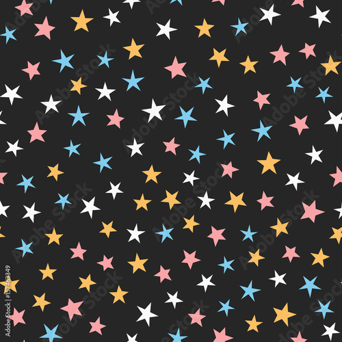 Colorful seamless pattern with stars. White, blue, pink, orange, black color. Cartoon.