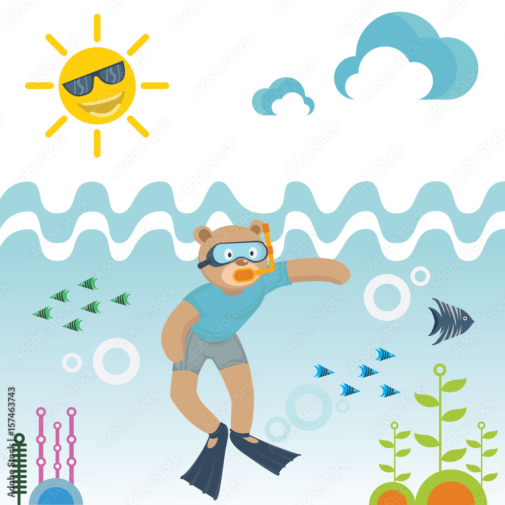 a bear snorkeling at sea with coral decoration cartoon vector illustration