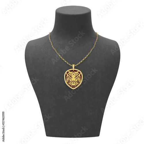 3D illustration gold necklace tiger with diamonds on a black mannequin