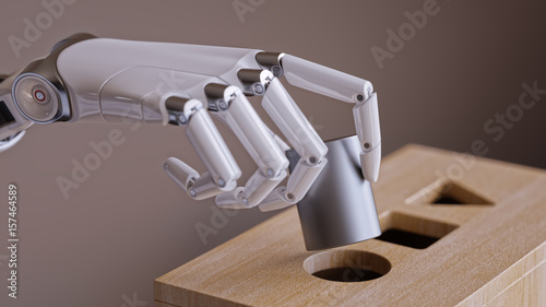 Robotic Hand with Cylinder and Shape Sorting Toy. Machine Learning and Recognition Concept 3d Illustration photo