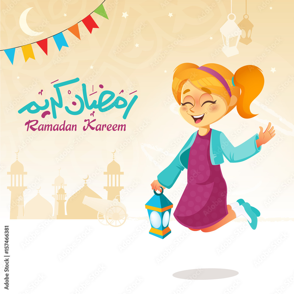 Girl Jumping with Lantern Celebrating Ramadan Girl Jumping with Lantern Celebrating Ramadan