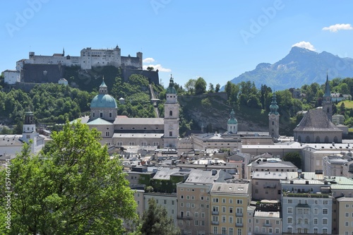 View of Salzburg, Austria with castle, cathedral and mountain