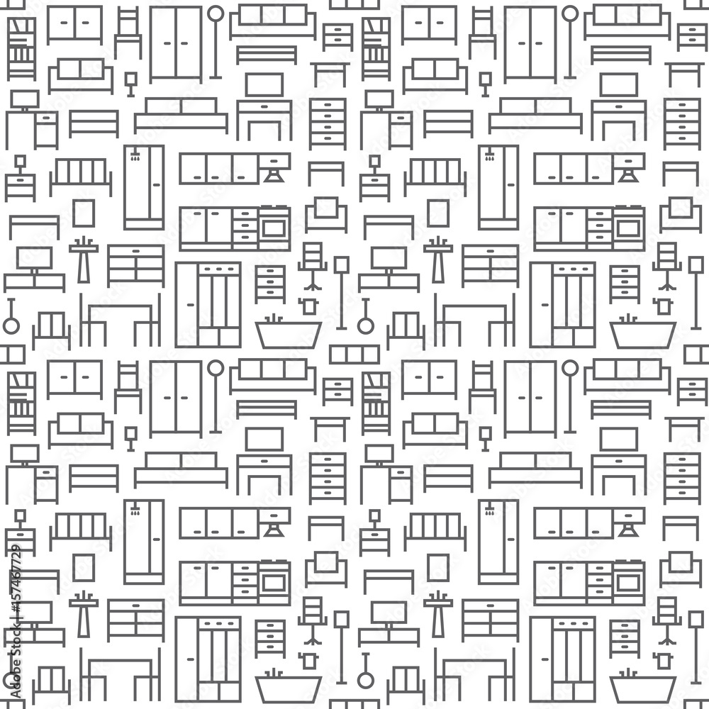 Furniture themed vector seamless outline pattern background 1