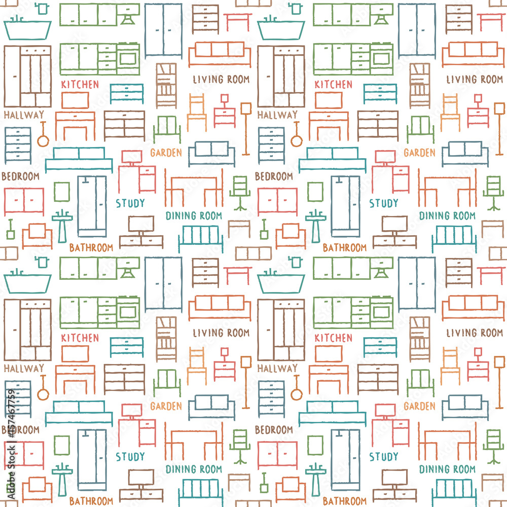 Hand drawn furniture themed vector seamless pattern background 2