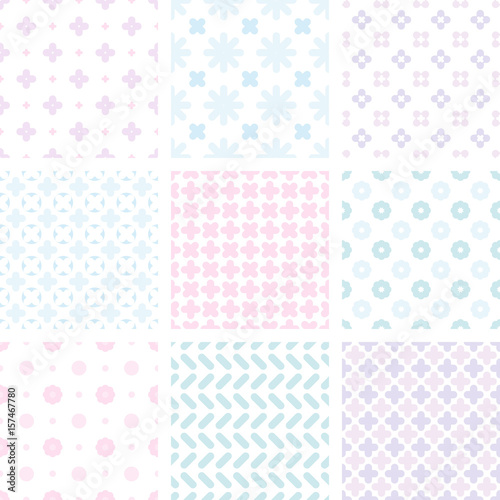 Nine different sealmess patterns. Collection of cute simple designs in blue and pink pallette. Trendy vector backgrounds.