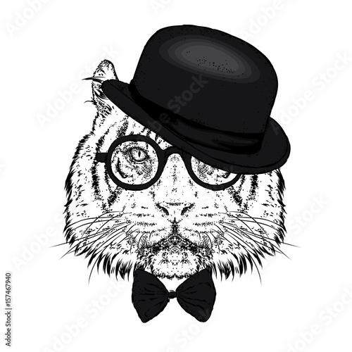 Fototapeta Naklejka Na Ścianę i Meble -  A beautiful tiger with a hat and glasses. Vector illustration. Wild animal, predator.