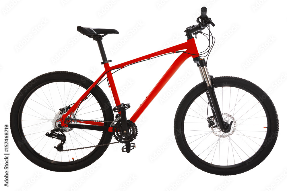 Red mountain bike isolated on white background