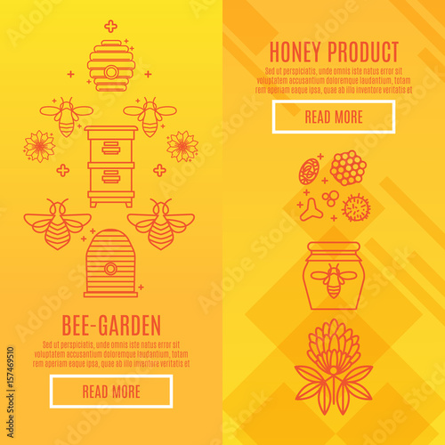 Sunny set Banners honey product. Juicy colors, linear icons with bees, honeycombs, apiculture devices, for advertising apitherapy products, beekeeping, cosmetic preparations, creams, soaps medicines