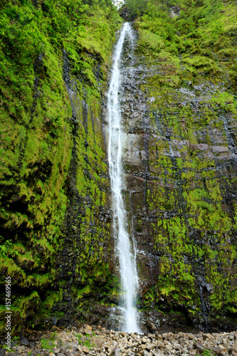 Famous Waimoku Falls waterfall at the head of the Pipiwai Trail, above Seven Sacred Pools on the Road to Hana. Maui, Hawaii.