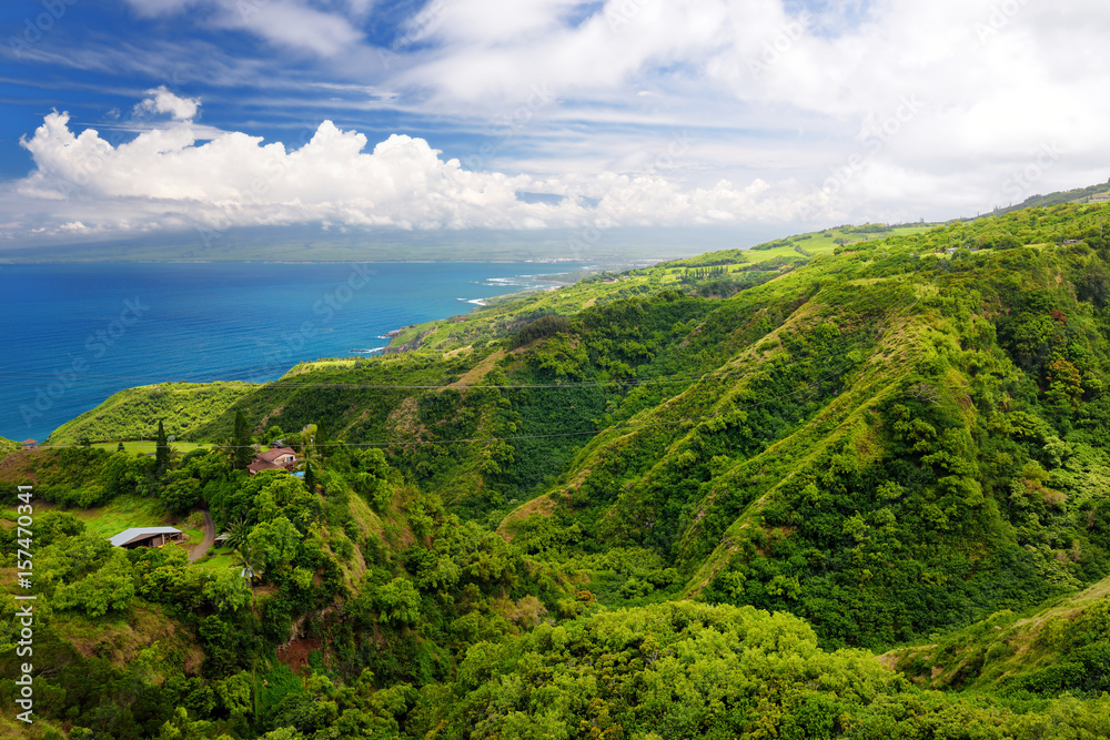 Stunning landscape view seen from Waihee Ridge Trail, overlooking Kahului and Haleakala, Maui, Hawaii