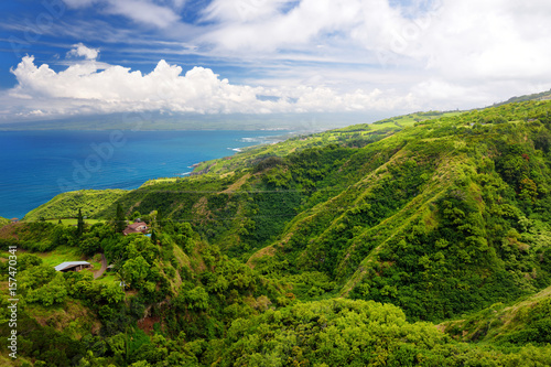 Stunning landscape view seen from Waihee Ridge Trail, overlooking Kahului and Haleakala, Maui, Hawaii photo