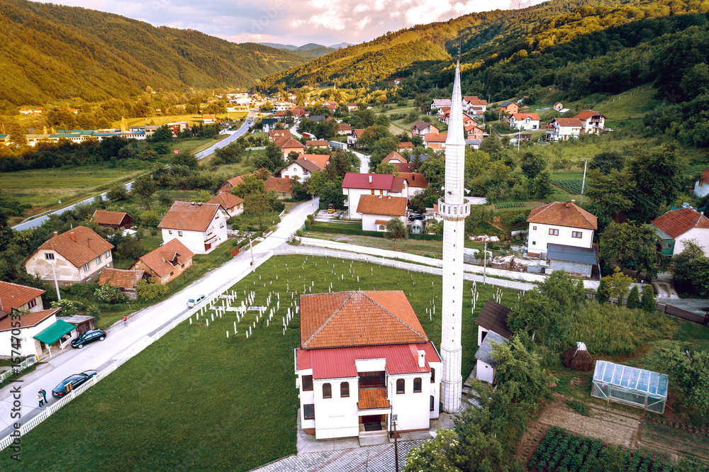 Mosque in Golubinja, Zepce, Bosnia. Aerial.