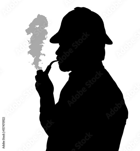 Silhouette of bearded man smoking pipe with Sherlock hat thinking