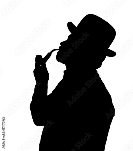 Silhouette of bearded man smoking pipe with bowler hat looking up